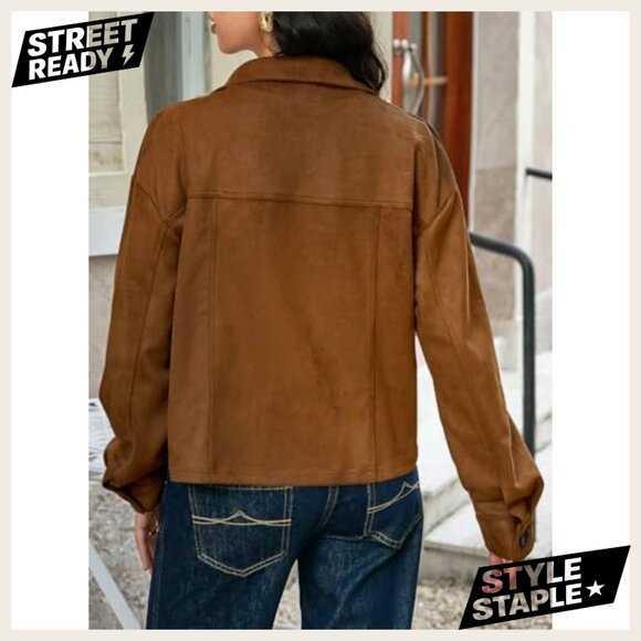 Cropped Faux Suede Jacket Lapel Collar Button Down Casual Vintage Shacket - Picture 4 of 6